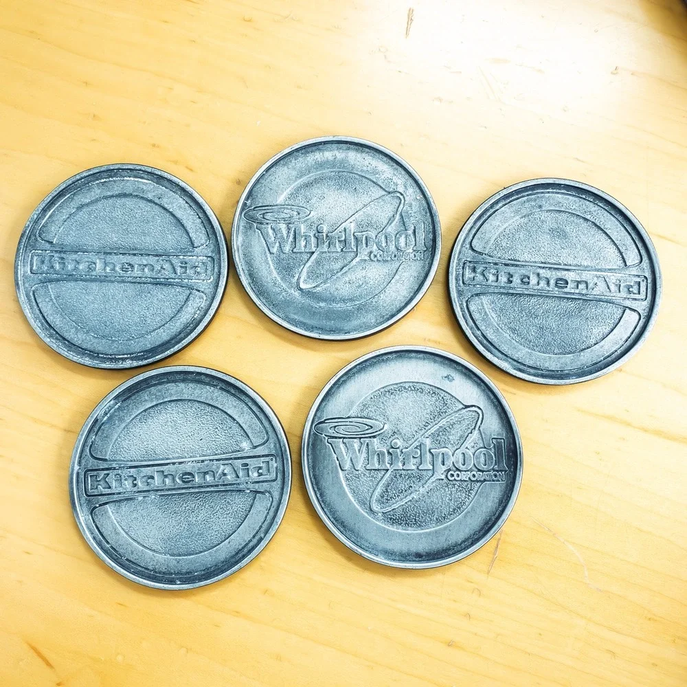 Vintage KitchenAid Whirlpool Corporation Coasters Pewter Metal Keeler Cork